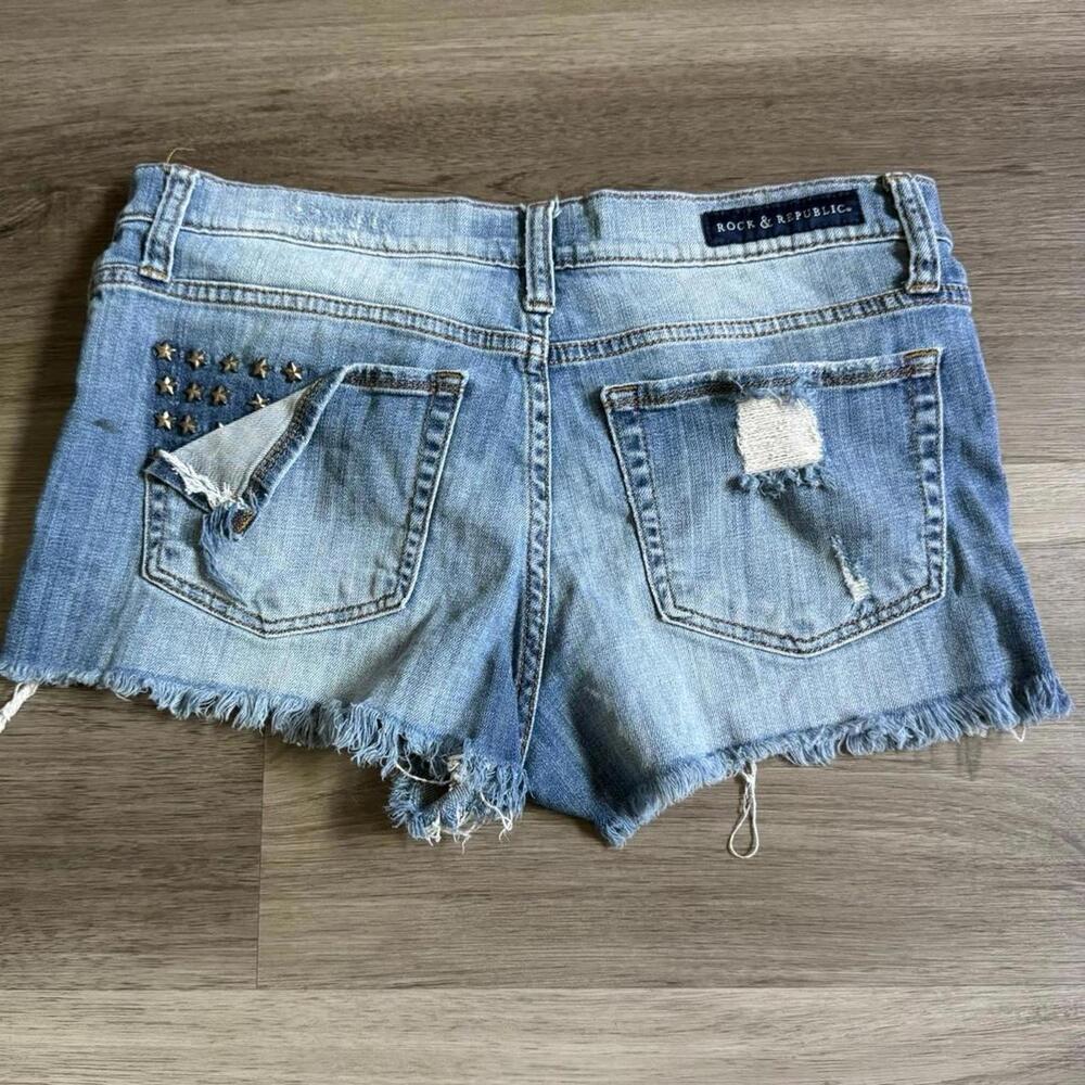 Y2K rock & republic denim studded back pocket distressed low rise mini shorts